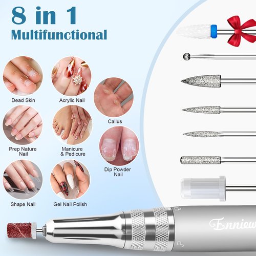 Enniewi Nail Drill Professional 35000RPM, Cordless Electric Nail File Drills para Uñas, Portable Rechargeable E File 7 Bits Manicure Pedicure Kit for Acrylic Nails Gel Remover Salon Home Tools, White