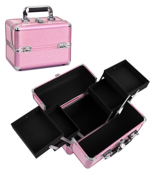 HAISKY Makeup Train Case Cosmetic Organizer Case Makeup Box Portable Make Up Artist Travel Case with 4 Trays Dividers Lockable Hard Train Case Nail Tech Supply Storage - Crystal Pink