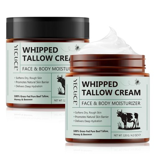 NIFEISHI 2 Pack Beef Tallow for Skin, Whipped Tallow and Honey Balm, Grass Fed & Organic Tallow Face Moisturizer Lip Balm, Deeply Moisturizing for Face & Body, 120g/4.2 oz