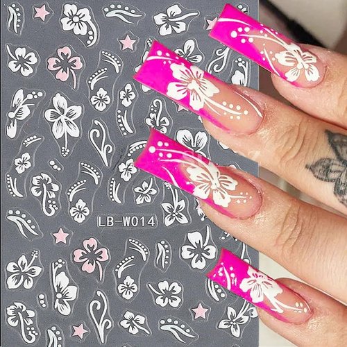 3D Hibiscus Flower Nail Art Stickers - Self-Adhesive Gold, Pink, White Design Decals for Women's Nail Decoration - 4 Sheets