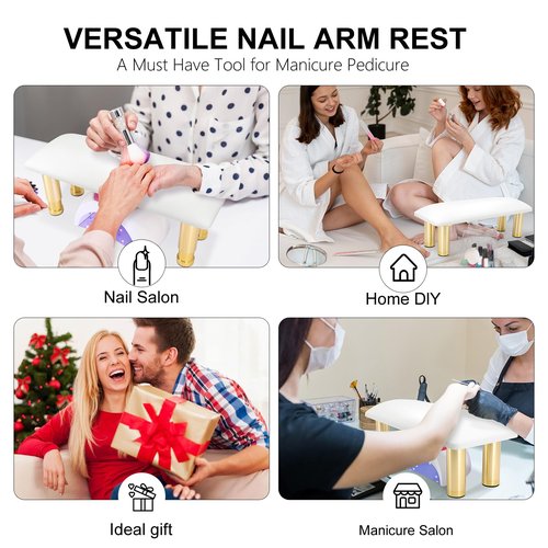 Arm Rest for Nail Tech,Height Adjustable Manicure Nail Hand Rest Pillow,Cleanable Leather Nail Arm Rest Stand for Acrylic Nail Art Tech Salon Home Use,Non-slip Gold Legs(White)