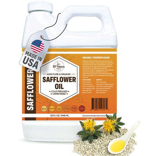 ORGANIC SAFFLOWER OIL (32 oz) Premium Cold Pressed Unrefined | 100% Pure Safflower Oil for Skin, Face, Hair, Soap Making | Carrier for Essential Oils | Available in Bulk | 32 FL OZ