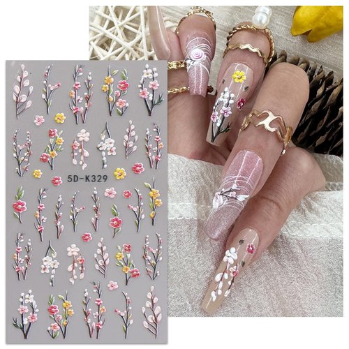 JMEOWIO 3D Embossed Flower Nail Art Stickers Decals Self-Adhesive 5D Spring Summer Flora Nail Supplies Nail Art Design Decoration Accessories 4 Sheets