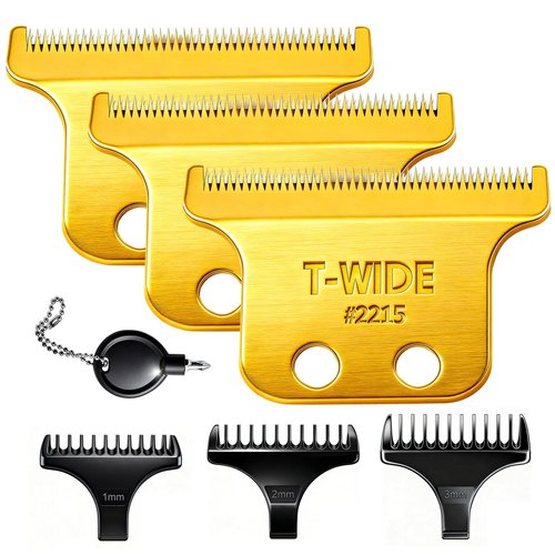 2PCS 2215 Replacement T Wide Blades Compatible with Wahl 5 Star Detailer Li Trimmer(8081) and (8171) - Adjustable Stainless-steel Zero-Gap Trimmer Blade ((3PCS-Gold)
