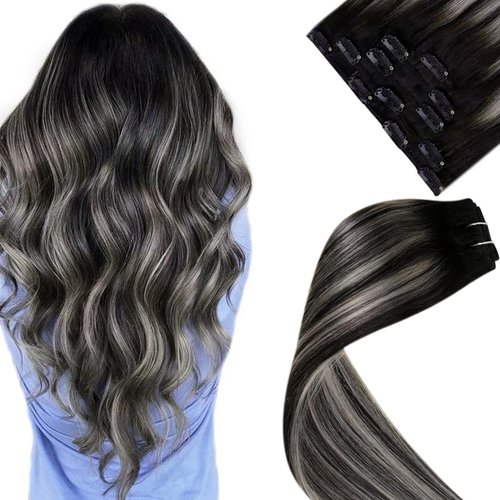 LaaVoo Human Hair Clip in Ombre Off Black to Silver Grey Hair Extensions Clip ins Black Balayage Clip in Hair Extensions Real Human Hair Short Silky Straight 12 Inch 5pcs/80g