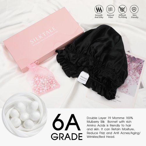 SILKTALE Silk Bonnet Hair Wrap for Sleeping,Pure Mulberry Silk Sleep Bonnet Night Cap for Women/Men,Double Layer 19 Momme Ruffle100% Natural Silk Head Turban for Curly Hair, Black