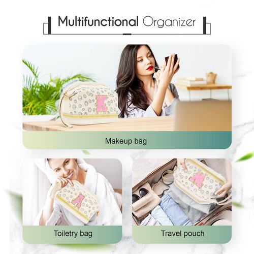 Travel Makeup Bag, Personalized Large Double Layer Make Up Gift Cosmetic Bag for Women, Initials Wide-open Makeup Pouch Organizer Bag for Girls, Roomy Makeup Travel Bags - T