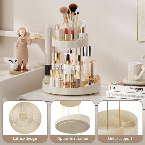 INVSSENE 2 Tiers Rotating Makeup Organizer, Large Makeup Organizer for Vanity, Countertop Storage Shelf for Cosmetics, Skincare, Makeup Brush - Warm White