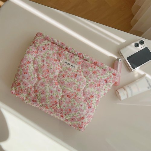 Sminra Floral Makeup Bag Large Travel Cotton Quilted Cosmetic Makeup Bag Organizer, Cute Coquette Aesthetic Zipper Portable Pouch Purse Toiletry Bag accessories