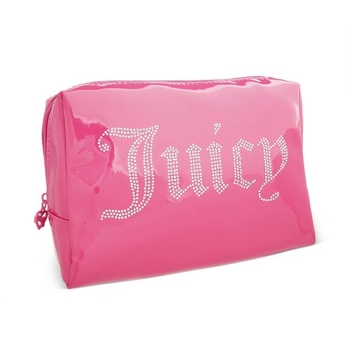 Juicy Couture Hot Pink Makeup Bag Cosmetics Organizer Travel Essentials Zip Top Wedge Shiny Patent Rhinestones