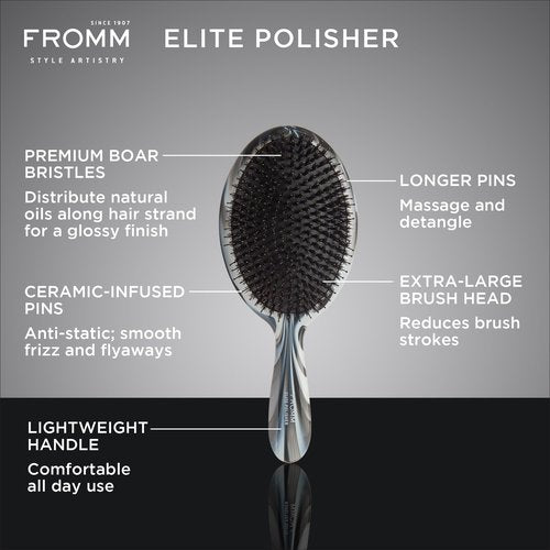Fromm Professional Elite Polisher Ceramic x Ionic Luxurious Shine Boar Bristle Brush | Gentle Hair Detangler & Massage Brush Smooths Frizz & Flyaways for Medium to Thick Curly Hair