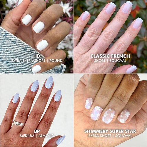 Olive & June Glue Press On Bestsellers Kit | Includes 4 Fake Nail Sets (HD Crisp White, Classic French, Shimmery Super Star, BP Icy Blue) | Realistic Look, Non-Damaging Glue, Up to 14-Day Wear