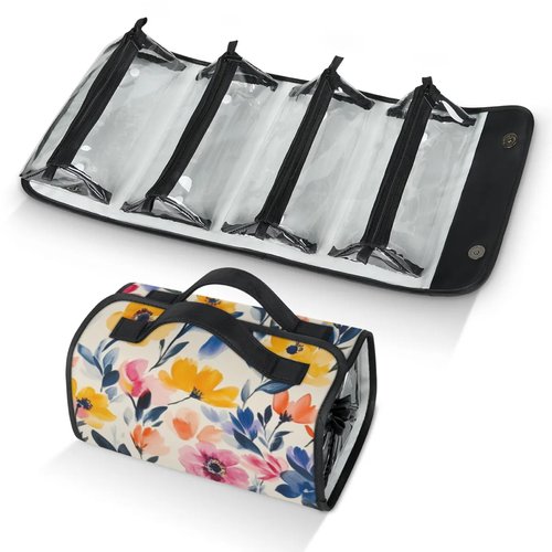 Hanging Roll Up Makeup Bag, Cosmetic Bag for Women, Watercolor Flower Travel Folding Toiletry Bag with 4 Removable Compartments, for Storing Cosmetics, Toiletries, Personal Care Products
