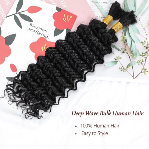 YAMI Bulk Human Hair for Braiding Deep Wave Human Braiding Hair for Boho Braids Curly Braiding Hair Natural Black No Weft Hair Extensions Human Hair 2 Braids Per Pack 100g（16inch)