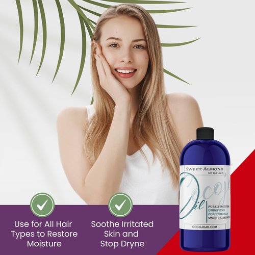 cocojojo Sweet Almond Oil - Face Skin Hair Cold Pressed 32 oz Natural Pure Massage Antioxidant Extra Virgin Unrefined