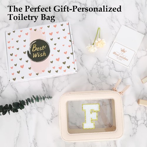 Clear Initial Makeup Bag - Toiletry Cosmetic Bag For Women, Cute Car Accessories & Essentials, And Preppy Makeup Bag For On-The-Go Glam - Gold Zippers Included, With Chenille Letter Decoration(F)