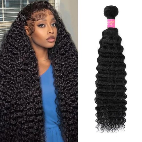 1 Bundle Human Hair 12A Deep Wave Bundles Human Hair 22 Inch 100% Unprocessed Brazilian Virgin Hair Quick Weave Bundles Real Human Hair Extensions Natural Black