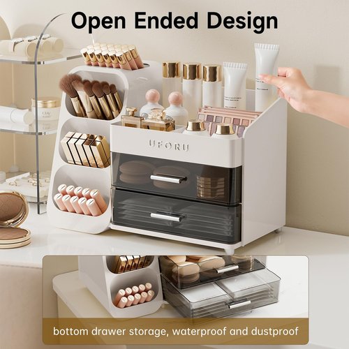 UFORU Makeup Organizer for Vanity with Brush Holder, Countertop Skincare Organizer with 2 Drawers, Spacious Cosmetic Display Case for Perfumes, Eyeshadow Palettes, Nail Polishes