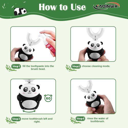 KAQINWX Kids U Shaped Electric Toothbrush for Age 2-12, Rechargeable Toddler Toothbrush with Smart Timer & 3 Clean Modes, Panda Design, IPX7 Waterproof, 3 Brush Heads & 360°Cleaning