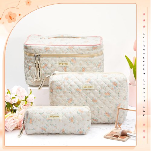 Zeyune 3 Pcs Makeup Bag Quilted Cosmetic Bags Large Floral Makeup Bag Set for Women Cotton Flower Travel Toiletry Storage Cute with Zipper for Women Mom Birthday Gift Home Bathroom(Apricot Peony)