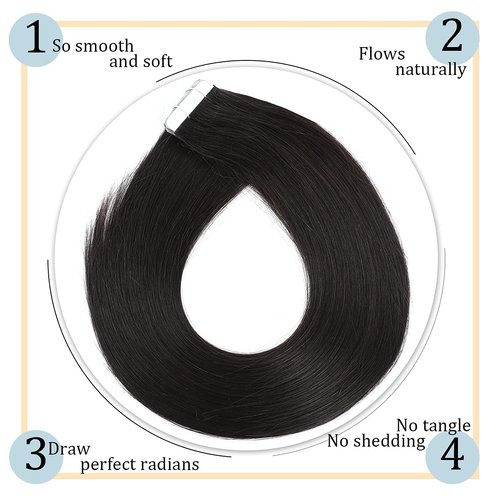 Tape in Hair Extensions Human Hair, 16'' Black Hair Extensions Tape ins Remy Human Hair Extensions 20 Pcs 50 g/pack (#1B) Black