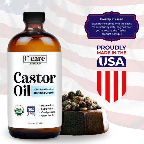 C CARE Castor Oil 100% Pure Organic Cold Pressed Unrefined Glass Bottle | USDA Certified Organic | Hexane Free Extra Virgin | For Hair Growth Eyebrows Eyelashes Skin and Castor Oil Pack Wrap