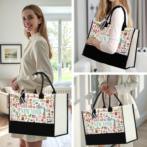 CHQIUCR Mother's Day Gifts for Women - New York Souvenirs Canvas Weekender Bag, Reusable Beach & & Makeup Bag Set, Gift for Mom, Sister, Friends, Brides (NY Themed)