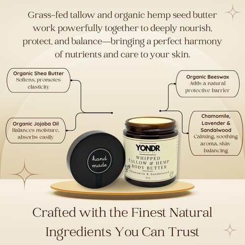 Yondr Natural Tallow & Hemp Body Butter – Whipped Grass‑Fed Tallow + Hemp Seed Butter – Calming Chamomile/Sandalwood/Lavender – Deep Hydration for Dry & Sensitive Skin (2 oz)