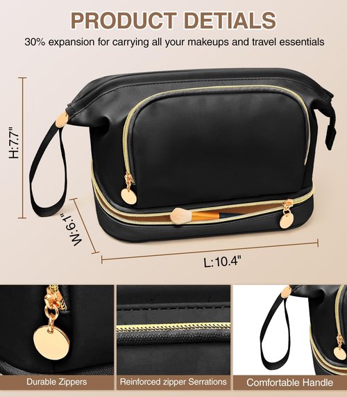 Hairao Toiletry Bag for Women, Large Makeup Bag with Double Layer Design, Waterproof Makeup Organizer Bag, PU Leather Cosmetic Travel Bag with Brush Compartment, Q-Black