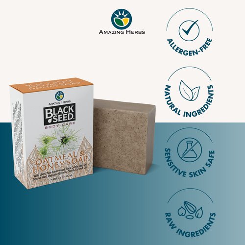 Amazing Herbs Black Seed Soap - 100% Pure Cold-Pressed Black Cumin Seed Oil, All Natural, Free of Colors, Dyes, & Fragrances - Black Seed Oatmeal & Honey Soap, 4.25 Oz (Pack of 3)