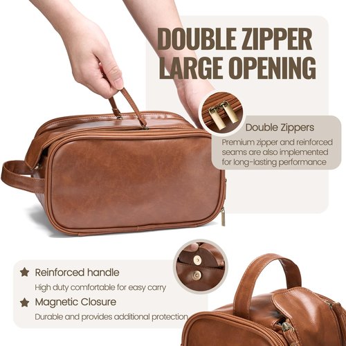 IUI Toiletry Bag for Men - Large Mens Travel Bag Toiletries Organizer- Shaving Bag for Toiletry Bathroom Water-resistant Hanging Dopp Kit PU Leather Cosmetic Bags for Traveling, Brown