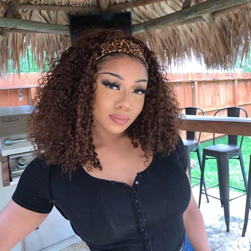 Punmasa Headband Wig Human Hair Deep Wave Chocolate Brown Headband Wigs for black women Glueless Wigs Human Hair Machine Made 150% Density headband wig human hair with Headbands (12Inch)