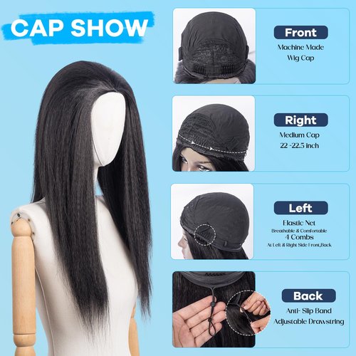 Prosa Kinky Straight synthetic Hair Half Wig, 3-in-1 Glueless Clip In Drawstring Headband Wig, Seamless Flip Over Style for Women 1B (22inch)