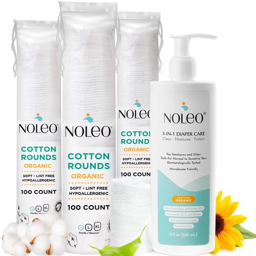 Noleo 3in1 Diaper Care with Organic Cotton Rounds - 300ct Lint Free Small Cotton Rounds - 8oz All-in-One Baby Cleanser, Lotion & Diaper Rash Cream