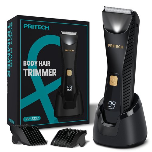 PRITECH Body Hair Trimmer for Men - Waterproof Pubic Hair Ball Trimmer, Ceramic Blade Body Shavers for Men with USB-C Charging, Wet & Dry Use & Nick-Free Design, Sensitive Skin Safe (Black)