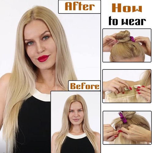 Benehair Clip-in Hair Extensions Real Human Hair Black Straight 3/4 Full Head 5 Clips 18 Inch One Piece for Women with Thinning Hair #1B Natural Black