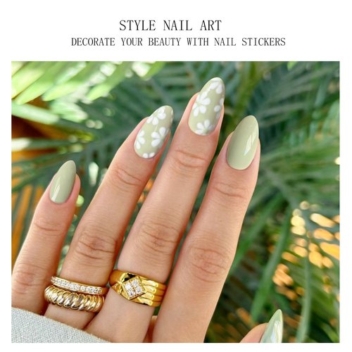 JMEOWIO Gel Nail Stickers White Flower Light Green Semi Cured Gel Nail Strips Wraps UV/LED Nails Art Design Decoration Accessories