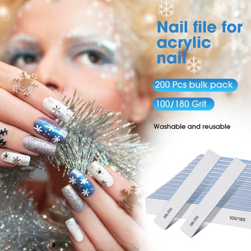 Lanties 200 Pcs 100/180 Grit Nail Files, Reusable Nail File Double Sided Emery Boards for Acrylic and Gel Nails, Professional Fingernail File Manicure Tools for Filer Salon Pedicure Beauty(Rectangle)