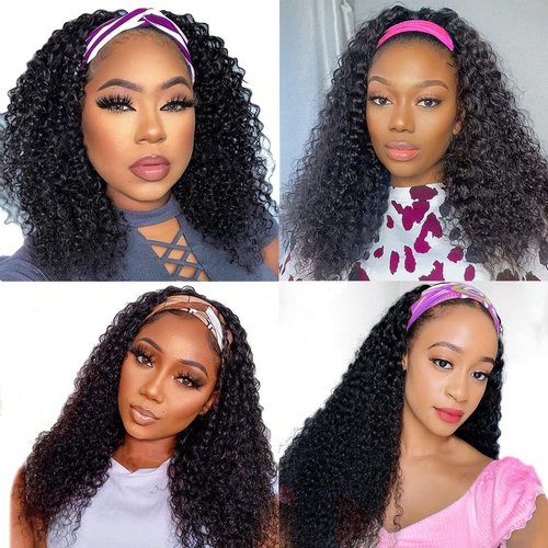 Unvizossa Headband Wig Human Hair Deep Wave None Lace Front Wigs Human Hair Curly Headband Wigs for Black Women 150% Density Natural Color 14 Inch