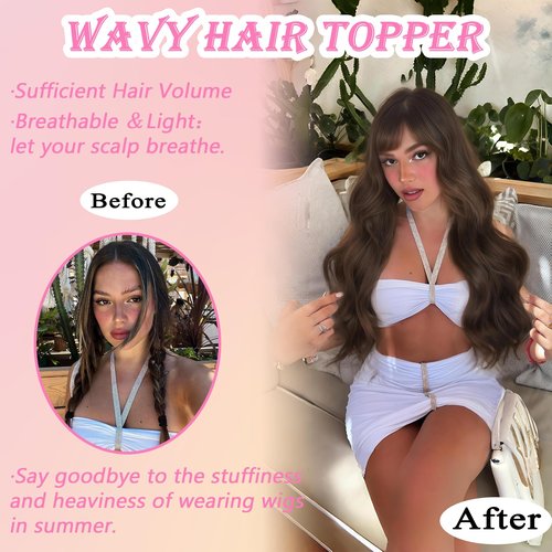 LEDIZE Hair Toppers for Women, 20 Inch Hand Tied Breathable Toppers Hairpieces for Women with Thinning Crown Wispy Bangs Mix Human Hair Wavy Curly Lightweight Wiglets (Dark Brown, Wispy Bangs)