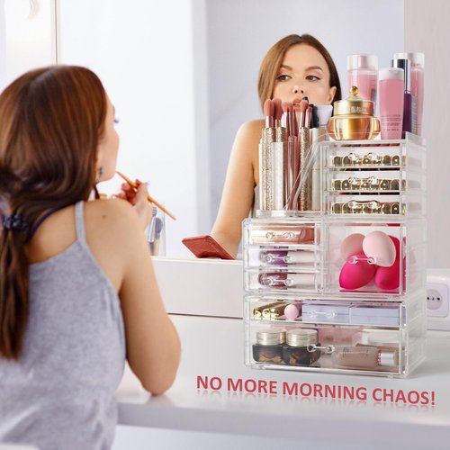 AUOIKK Clear Makeup Organizer with 9 Drawers & Rotating Brush Holder - Large Capacity Cosmetic Display Cases Storage for Vanity, Countertop, Bathroom, Lipstick and Skincare Organization