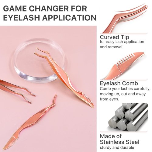 Pretty memory Upgraded Lash Applicator Tool with Comb, 2-IN-1 Stainless Steel Eyelash Tweezers, Lash Extension Curlers, Curved Tweezer Clip for Easy Application and Removal