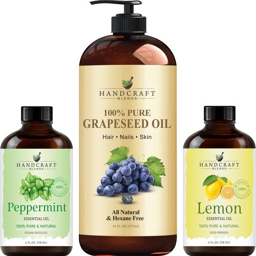 Handcraft Blends Grapeseed Oil with Peppermint Essential Oil and Lemon Essential Oil Set – 100% Pure and Natural Oils – Carrier Oil for Essential Oils Mixing, Aromatherapy Oils and Massage