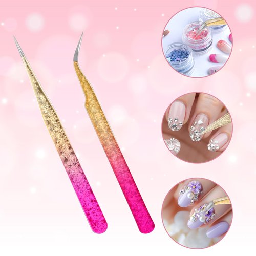 2PCS Rhinestone Sticker Tweezers Rhinestone Nail Art Tweezers,2PCS Nail Tweezer for Nails Art Stainless Steel Straight and Curved Pointed Tweezer for Stickers Crafts Jewel Gem Picker