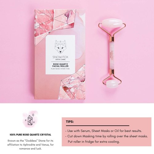 Snow Fox Skin Care Hand-Carved Rose Quartz Facial Roller – Authentic Crystal Face Roller with Dual Ends, Noiseless Design & Real Quartz Handle – Cooling, De-Puffing, Relaxing Self-Care Tool