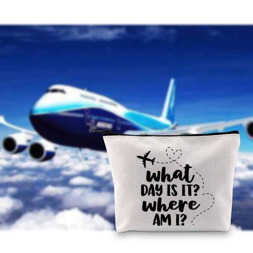 G2TUP Flight Attendant Gift What Day Is It Where Am I Makeup Bag Stewardess Aviation Cosmetic Bag Travel Bag for Stewardess Flight Crew (What Day Is It Where Am I White Bag)