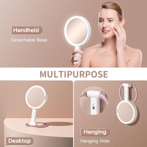 Beautifive 7" Magnifying Mirror with Light, Rechargeable Double-Sided 10X/1X Handheld Mirror with Light, Stepless Dimming Touch 3 in 1 Hand Held Mirrors for Desk Hanging, Pink Detachable Base