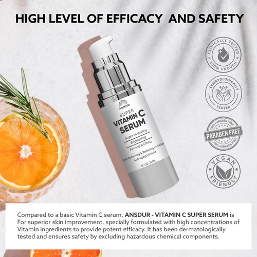 ANSDUR Super Vitamin C Serum for Women over 70: Hyaluronic Acid Serum for Face, Dark Spot Remover and Wrinkle Reduction - Lifting, Smoothing, Moisturizing, All in One Skin Care Formula, 1 fl oz