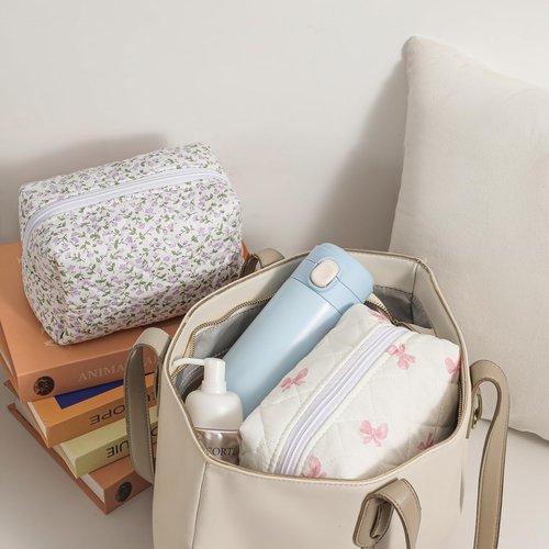 Cute Small Makeup Bag,Quilted Floral Cotton Cosmetic Pencil Pouch, Quilted Flowers Pencil Case with Zipper, Kawaii Travel Toiletry Bags for Purse(13White Bear)