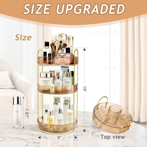 Fzebys 360 Rotating Makeup Organizer for Vanity,3 Tier Large Capacity Skincare Organizers,Bathroom Counter Organizer, transparent Spinning Perfume Organizer & Vanity Organizer (Gold-3 Tier)